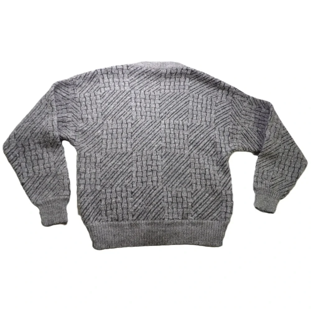 VTG 90s Clochard Men Cardigan Gray Wool Blend Geometric Woven V-Neck Sweater L/G